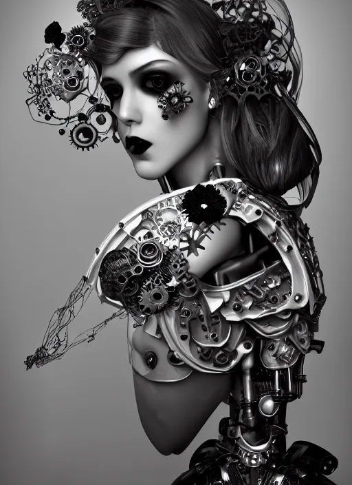 Image similar to black and white dreamy foggy poetic smoky profile face portrait, one silver steampunk realistic eye biomechanical beautiful angelic young female cyborg - robot bust, body ribs meshes,, volumetric light, hibiscus flowers, rim light, big gothic fashion pearl embroidered collar, 1 9 3 0, 8 k
