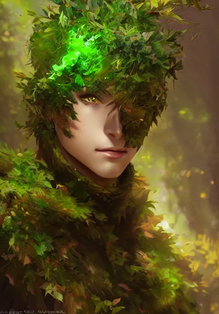 Image similar to A realistic anime portrait of a handsome dryad with glowing green eyes and tree bark skin wearing clothes made of leaves, digital painting, by Stanley Artgerm Lau, Sakimichan, WLOP and Rossdraws, digtial painting, trending on ArtStation, SFW version