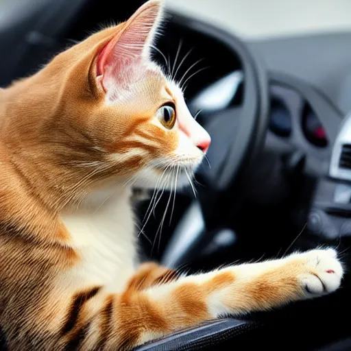 Image similar to a beautiful cat is driving a car