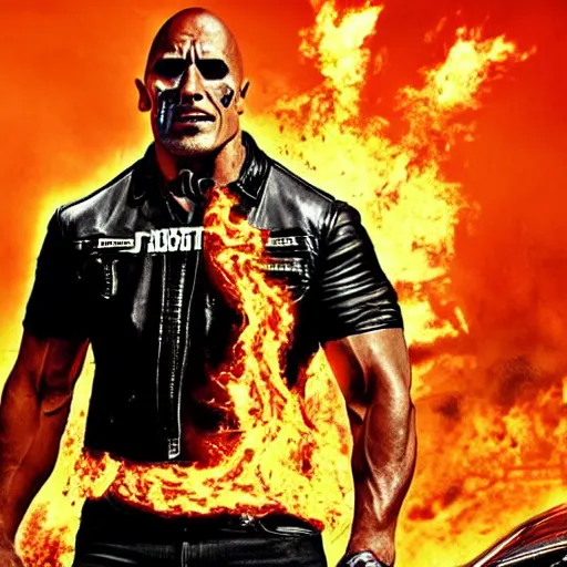 Image similar to dwayne johnson as ghost rider, showing his skull, gta cover art