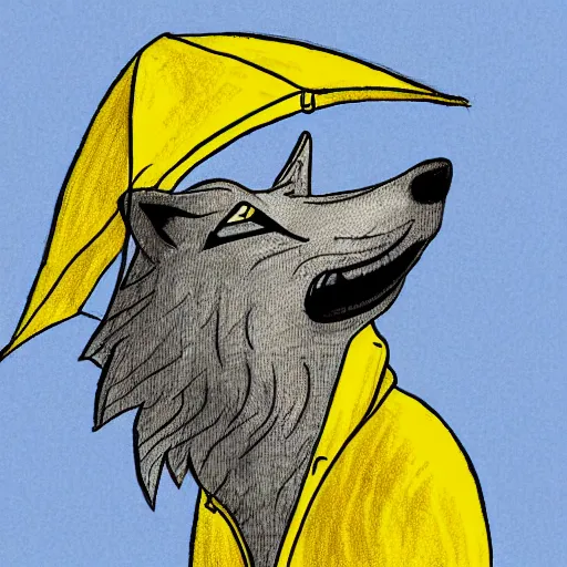 Image similar to cartoon sketch of a faceless wolf wearing a yellow raincoat