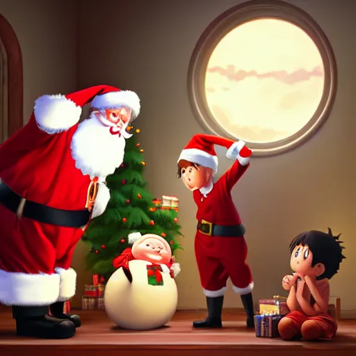 Image similar to a wholesome animation key shot of santa claus giving presents, medium shot, studio ghibli, pixar and disney animation, sharp, very detailed, high resolution, rendered in unreal engine 5, anime key art by greg rutkowski, bloom, dramatic lighting