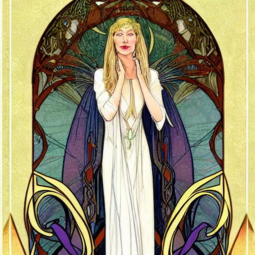 Prompt: cate blanchett as galadriel, mucha style, art nouveau,