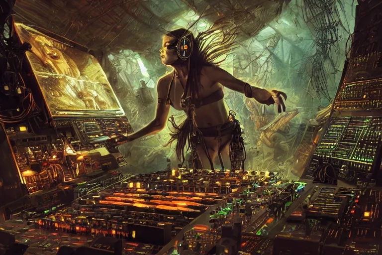 Image similar to a dynamic photo of a post apocalyptic tribal cyborg dj tweaking and playing synthesizers in the most complicated fractal and technical musical studio, powerful, cinematic, beautifully lit, by donato giancola, by artgerm, by karol bak, 3 d, perfect face and body, trending on artstation, octane render, 8 k