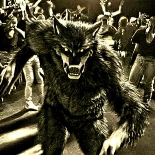 Prompt: werewolf!! photo, grainy camcorder footage of a werewolf dancing at a mosh pit, concert, club