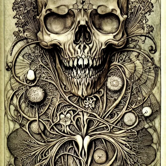 Image similar to memento mori by arthur rackham, art forms of nature by ernst haeckel, exquisitely detailed, art nouveau, gothic, ornately carved beautiful skull dominant, intricately carved antique bone, art nouveau botanicals, ornamental bone carvings, art forms of nature by ernst haeckel, horizontal symmetry, arthur rackham, ernst haeckel, symbolist, visionary