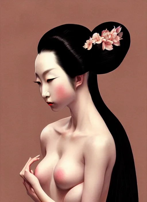 Image similar to organic seductive Geisha, pearlescent skin, diffuse lighting, fantasy, intricate, elegant pose, highly detailed, lifelike, photorealistic, digital painting, artstation, illustration, concept art, different point of view, smooth, sharp focus, art by John Collier and Albert Aublet and Leonardo da vinci and Moebius and Krenz Cushart