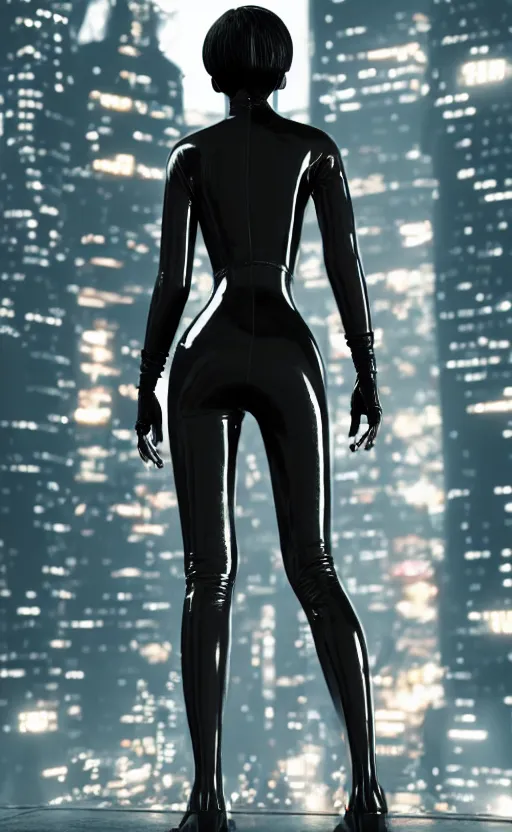 Image similar to a beautiful Black woman wearing a leather catsuit, standing with her back to us, in a futuristic blade runner city, unreal engine, artstation