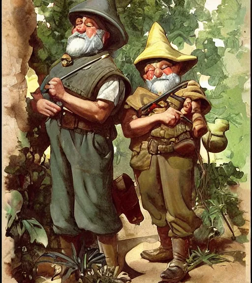 Prompt: Garden gnomes preparing for war, color, high quality, by Frank Leyendecker, by Jospeh Kernan, by Frederick Sands Brunner.