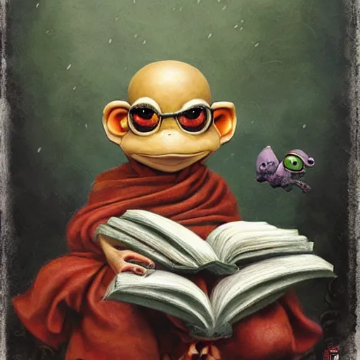 Prompt: a frog monk cleric reading his book, fantasy concept art by nicoletta ceccoli, mark ryden, lostfish, max fleischer