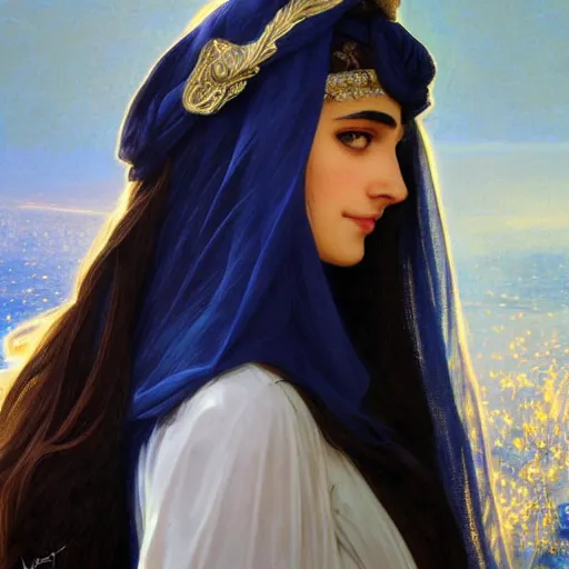 Prompt: ameera al taweel, bright blue eyes, long wavy black hair, white veil, front , highly detailed, digital painting, artstation, concept art, smooth, sharp focus, illustration, ArtStation, art by artgerm and greg rutkowski and alphonse mucha and J. C. Leyendecker and Edmund Blair Leighton