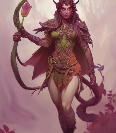 Image similar to Attractive Tiefling Druid,full body, holding flowers, dungeons and dragons portrait, highly detailed, digital painting, artstation, concept art, sharp focus, illustration, art by artgerm and greg rutkowski and alphonse mucha