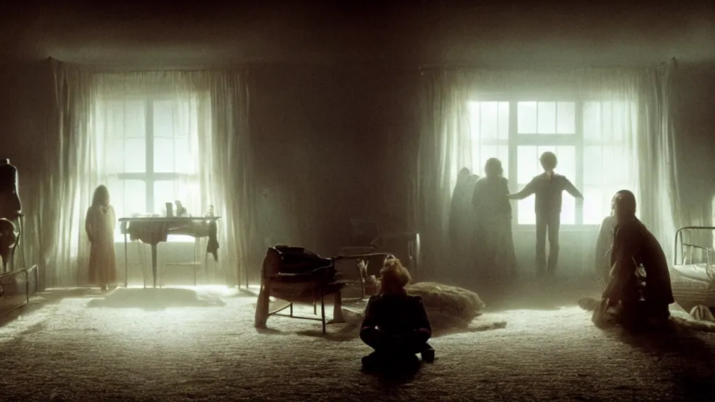 Image similar to the people inside the upside down house, film still from the movie directed by denis villeneuve and david cronenberg, with art direction by salvador dali, wide lens