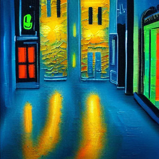 Image similar to impasto texture acrylic painting of a neon lit city street at night