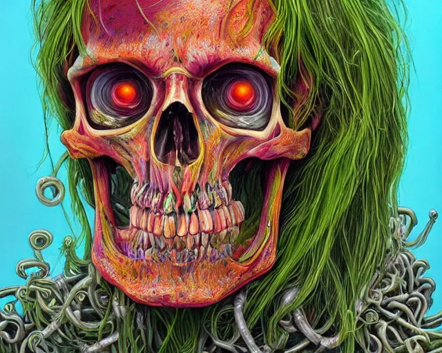 Prompt: hyperrealistic detailed character portrait painting of a skeleton made of green bones with long orange hair flowing in the wind, vibrant, very colorful, 1980s metal artwork, dystopian feel, heavy metal, in the style of Michael Whelan and Zdzisław Beksiński, lovecraftian, hyper detailed, trending on Artstation