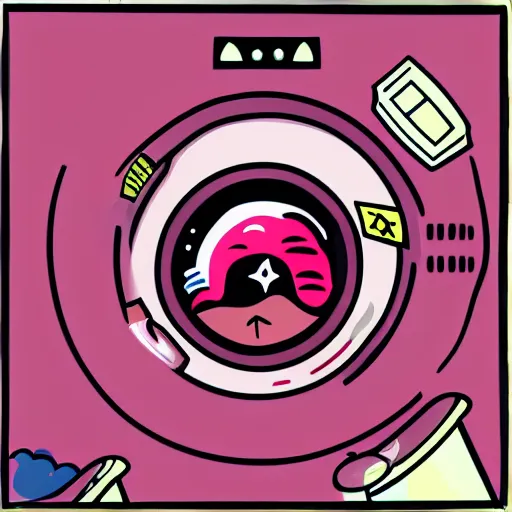 Image similar to Astronaut stuck in a giant washing machine that is washing pink clothes. 8k resolution. Art deco. Pop art.