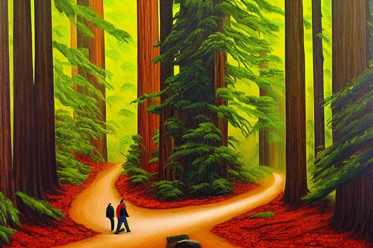 Prompt: a stunning wpa style painting of a man walking down a mysterious path in a redwood forest, award winning art