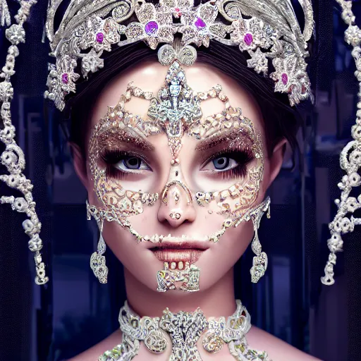 Image similar to portrait of pretty princess with perfect skin, glowing, ornate and intricate diamond jewelry, jaw dropping beauty, ornate and intricate backdrop, white accent lighting, hyper detailed, 4 k octane render