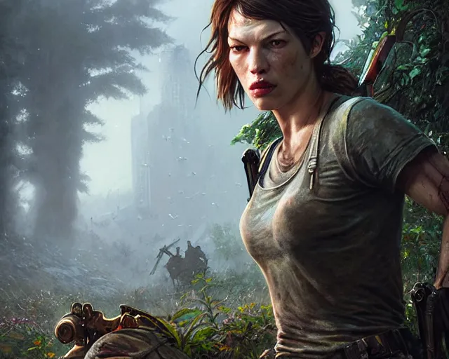 Image similar to highly detailed portrait of milla jovovich, in the last of us, stephen bliss, unreal engine, fantasy art by greg rutkowski, loish, rhads, ferdinand knab, makoto shinkai and lois van baarle, ilya kuvshinov, rossdraws, tom bagshaw, global illumination, radiant light, detailed and intricate environment