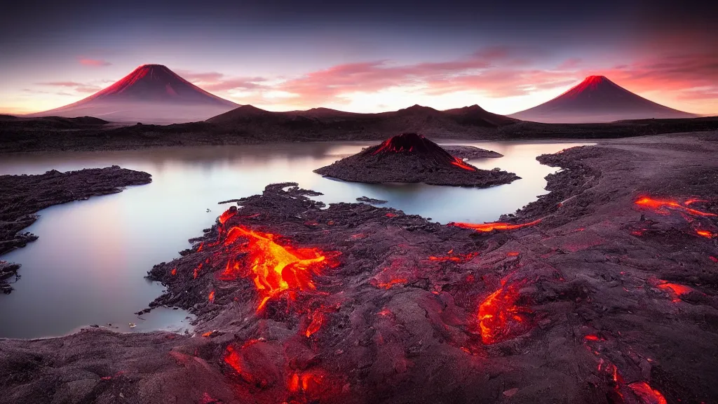 Prompt: amazing landscape photo of a volcano with lake in sunset by marc adamus, beautiful dramatic lighting