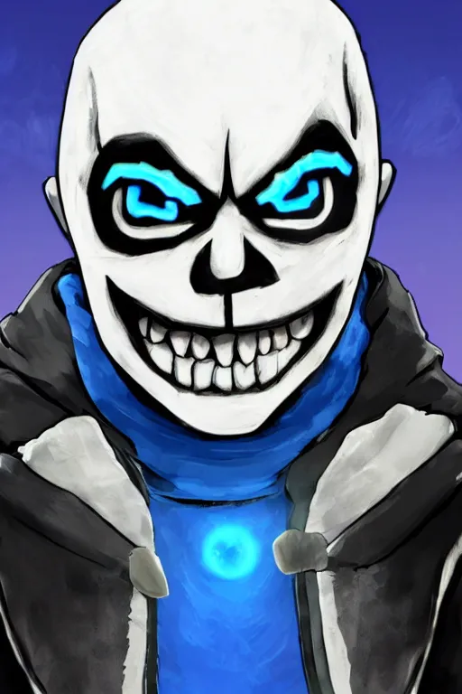 Image similar to an in game portrait of sans from the legend of zelda breath of the wild, breath of the wild art style.