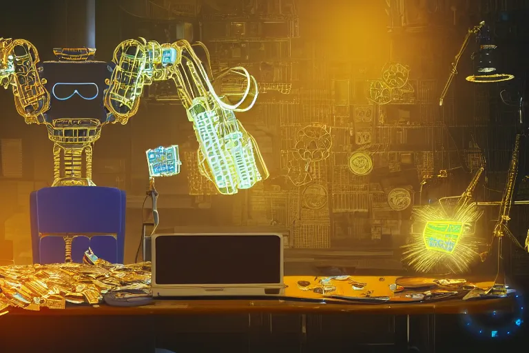 Image similar to photo of a golden and blue metal steampunk office robot with gears and tubes sitting in a modern office, on the office table and floor is a mountain of money bills, eyes are glowing red lightbulbs, shiny crisp finish, 3 d render, 8 k, insaneley detailed, fluorescent colors, background is multicolored lasershow