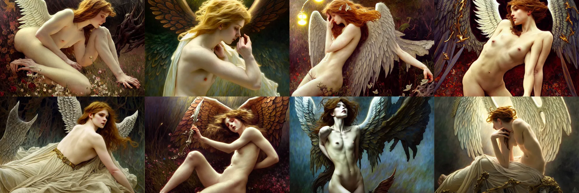 Prompt: A Fallen Angel, fantasy, intricate, elegant, dramatic lighting, emotionally evoking symbolic metaphor, highly detailed, lifelike, photorealistic, digital painting, artstation, concept art, smooth, sharp focus, illustration, art by John Collier and Albert Aublet and Krenz Cushart and Artem Demura and Alphonse Mucha