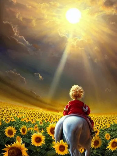 Prompt: a small happy greek todler, riding a white horse in a sunflower field, a giant sun in the background. intricate, elegant, highly detailed, digital painting, artstation, concept art, sharp focus, illustration, by justin gerard and artgerm, 8 k