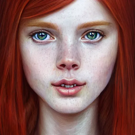 Image similar to a highly detailed, hyper realistic, red haired young woman, with long hair, green eyes, hint of freckles, gentle face, cheeky smile, among golden fireflies, deep focus, elegant, digital painting, smooth, sharp focus, golden ratio, illustration, ultra realistic, 8 k, art by artgerm and caravaggio