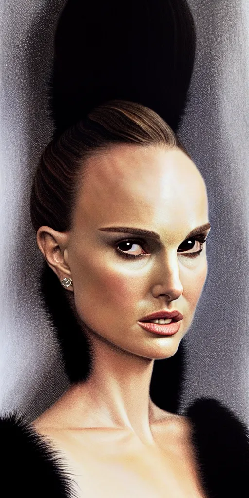 Image similar to Natalie Portman, wearing an evening gown, alexander mcqueen couture, very detailed portrait, ultrarealistic, dramatic lighting, electrical details, high details, 4k, 8k, best, accurate, trending on artstation, fur, artstation, photorealism, ultrarealistic, digital painting, style of Dali, Caravaggio, Boris Vallejo