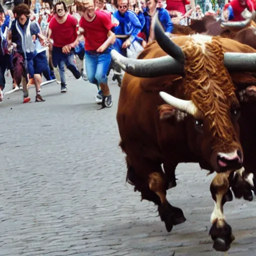 Prompt: screaming bob ross running from a bull in pamplona spain