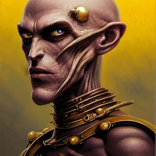 Image similar to ( ( ( head and shoulders portrait of a gaunt noseless yellow - skinned bald githyanki warrior in a breastplate ) ) ), greg rutkowski, frank frazetta, alexandre chaudret, boris vallejo, michael whelan, miro petrov, hr giger, magali villeneuve, donato giancola, d & d, fantasy, medieval