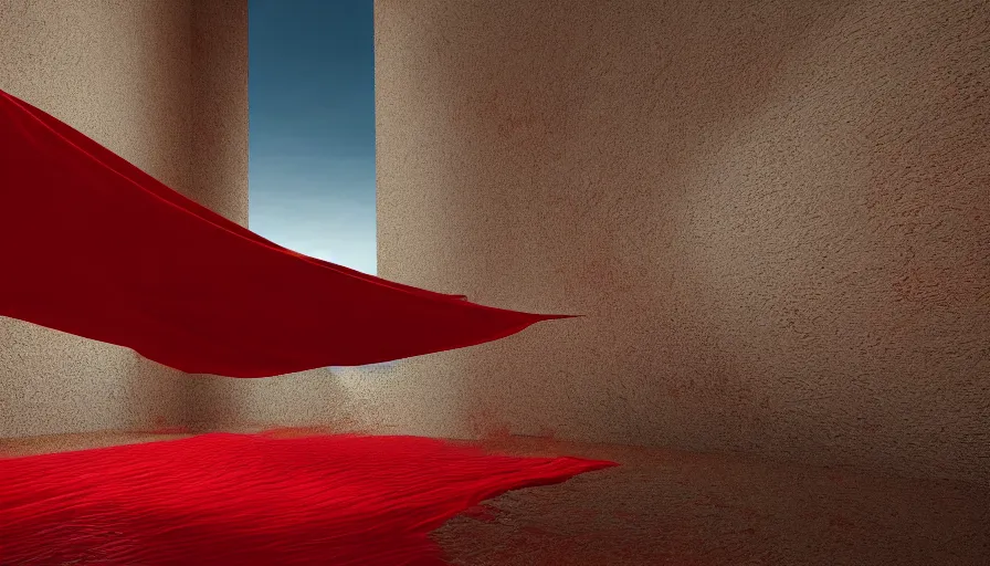 Image similar to red cloth floating, cloth simulation, photorealistic rendering, volumetric lighting, octane, redshift, 4 k
