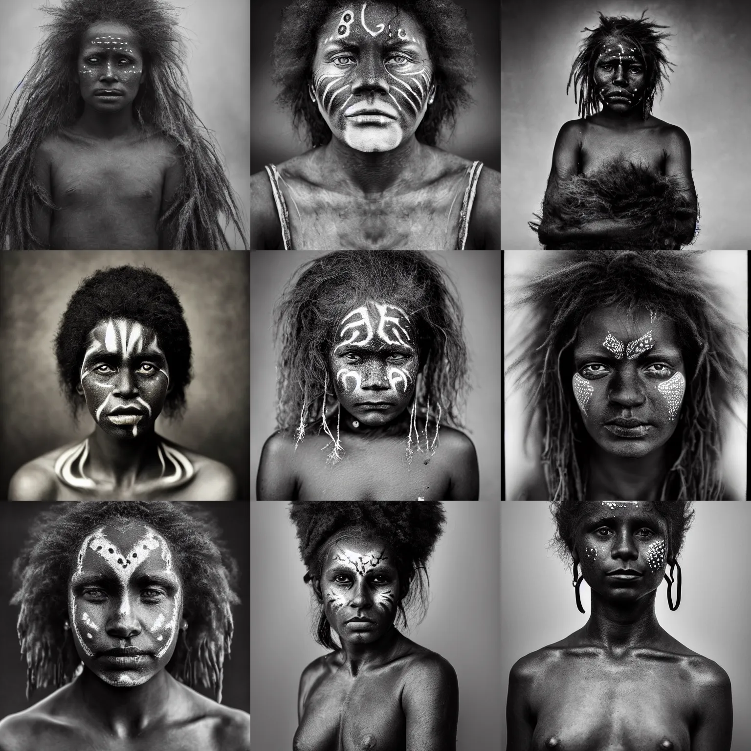 Prompt: Award Winning detailed reportage Face Portrait of a Early-medieval sun-baked Antipodean black Aboriginal Female in fog with incredible hair and beautiful eyes wearing animal skin and traditional facepaint by Lee Jeffries, 85mm ND 5, perfect lighting, gelatin silver process