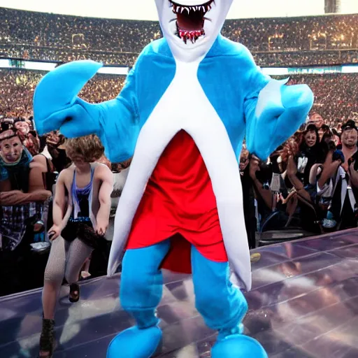 Prompt: a photograph of the guy dressed in a shark costume from the katy perry superbowl performance doing a little dance