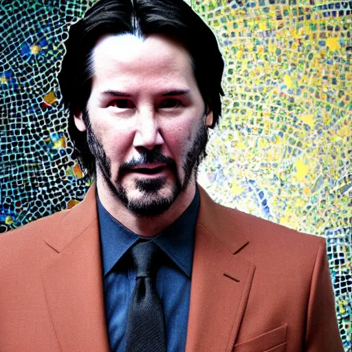 Image similar to mosaic style icon of keanu reeves. light rays. bokeh