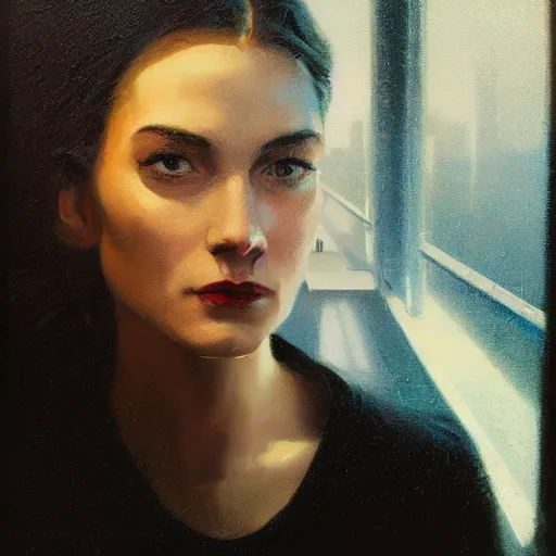 Image similar to detailed face of a woman, clockwork, moment, tectonic sky, skydome, bullet train, turbines, utopian, tech noir, wet reflections, prism, atmospheric, ambient, nick alm, casey baugh, pj crook, syd mead, livia prima, edward hopper