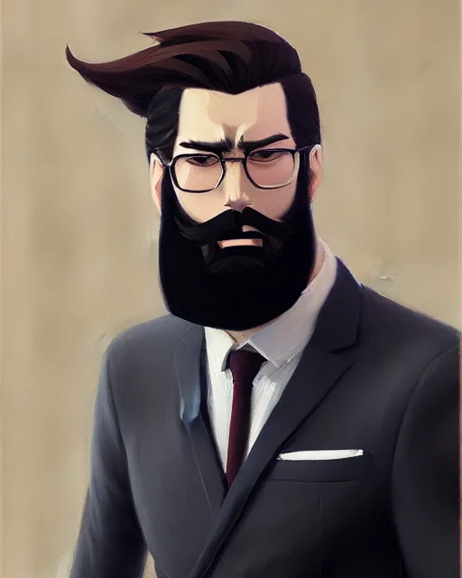 Image similar to a oil painting portrait of a stylish bearded man wearing suit outfit, by makoto shinkai trending on artstation