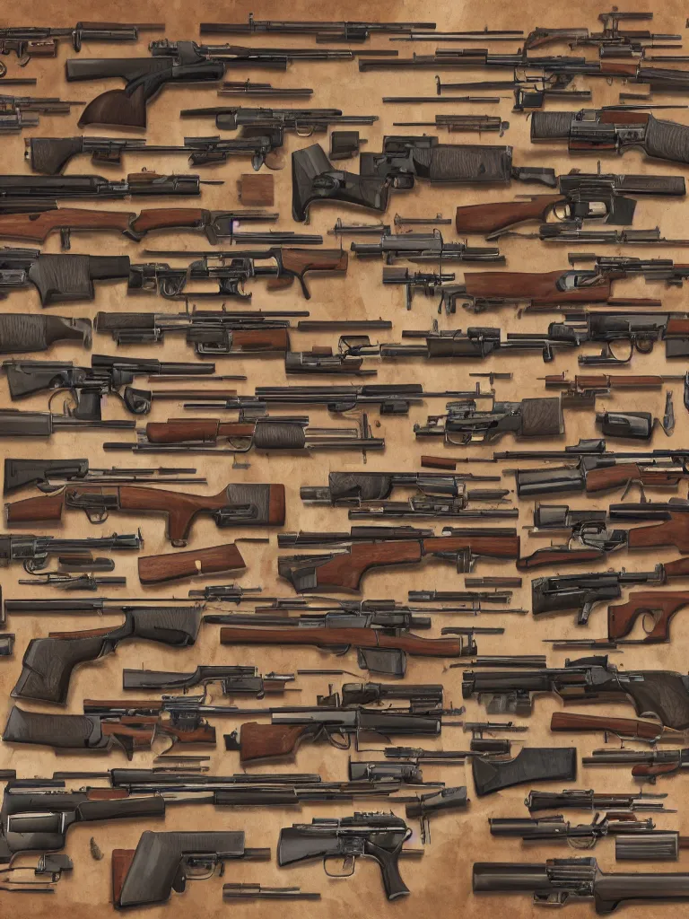 Image similar to room full of of firearms rifles shotguns revolvers and bullets, ultrarealistic, intricate details, 4k, concept art, digital painting