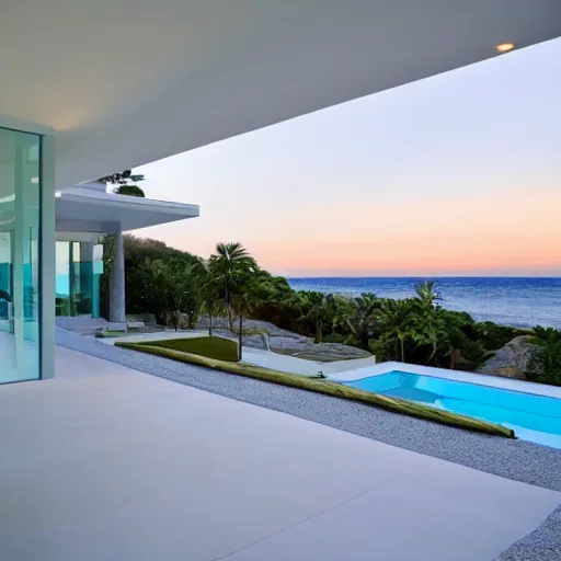Prompt: white modern villa by the beachside