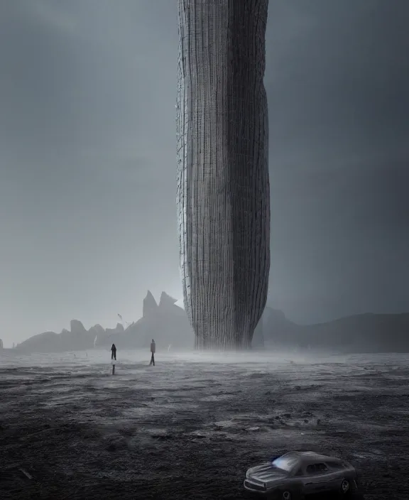 Prompt: surreal covenant deformation tower, futuristic berserk white architecture in the beach in iceland, foggy, highly detailed, digital painting, arstation, concept art, hyperealistic octane render, unreal engine,