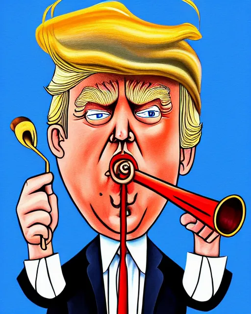 Prompt: painting portrait of trump with trumpet hair, cartoon, warm lighting, trump has hair as a trumpet, movie poster, illustration by bartek fedyczak, erak note, tooth wu, neil richards, kan liu, siwoo kim, jisu choe, trending on art station