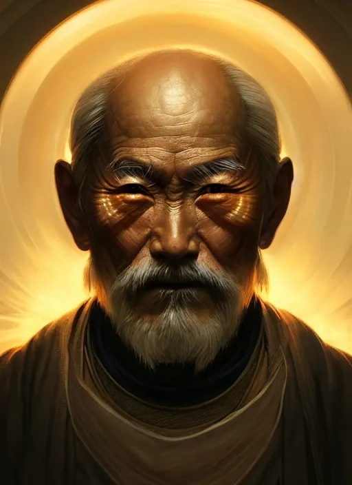 Image similar to symmetry!! portrait of old man japanese warrior, tech wear, glowing lights!! intricate, elegant, highly detailed, digital painting, artstation, concept art, smooth, sharp focus, illustration, art by artgerm and greg rutkowski and alphonse mucha