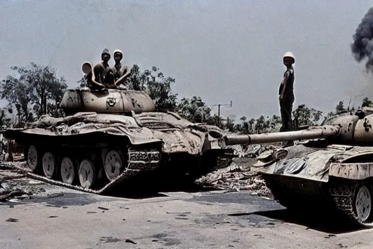 Image similar to a photo of a two mans posing in front of tank in destroyed vietnamese city, us journalism ministry photo, 1 9 6 9, fim still