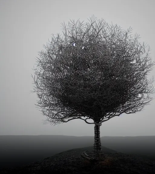 Image similar to surreal minimal white tree made of snakes, ancient in the desert, foggy sky, dark night, octane render, unreal engine, pale colors, high detail, 8 k, wide angle, trending on artstation, behance