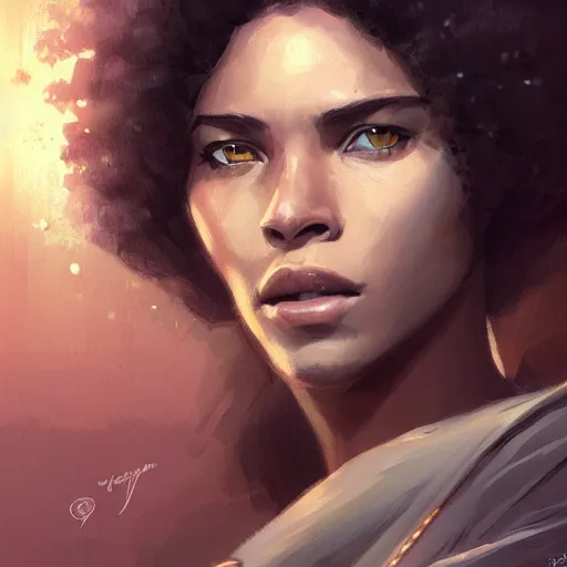 Image similar to portrait of a woman by greg rutkowski, young jedi knight, black, afro hair, pretty, star wars expanded universe, she is about 2 0 years old, wearing jedi robes, highly detailed portrait, digital painting, artstation, concept art, smooth, sharp foccus ilustration, artstation hq