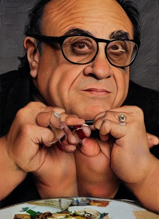 Image similar to danny devito sitting across the camera wearing a black choker staring into the camera, point of view, expensive restaurant, intricate, elegance, highly detailed, shallow depth of field, artgerm, donato giancola, joseph christian leyendecker