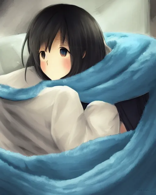 Image similar to hugging a blanket tightly, anime concept art, ambient cozy lighting, fluffy blue blanket, cute