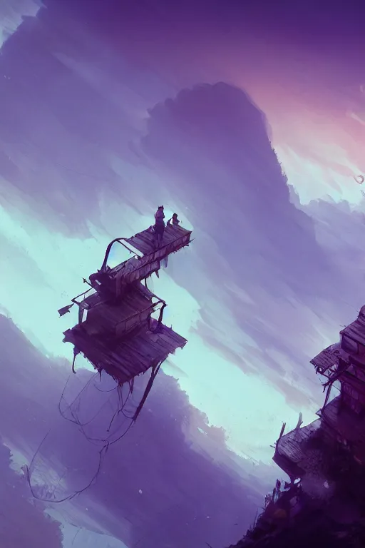 Prompt: a hurtling descent from the heights of the Himalayas in a rickety single rail boxcar through a dreamy purple haze cinematic lighting, dramatic atmosphere, by Dustin Nguyen, Akihiko Yoshida, Greg Tocchini, Greg Rutkowski, Cliff Chiang, 4k resolution, nier:automata inspired, bravely default inspired, luminous sky heaven background