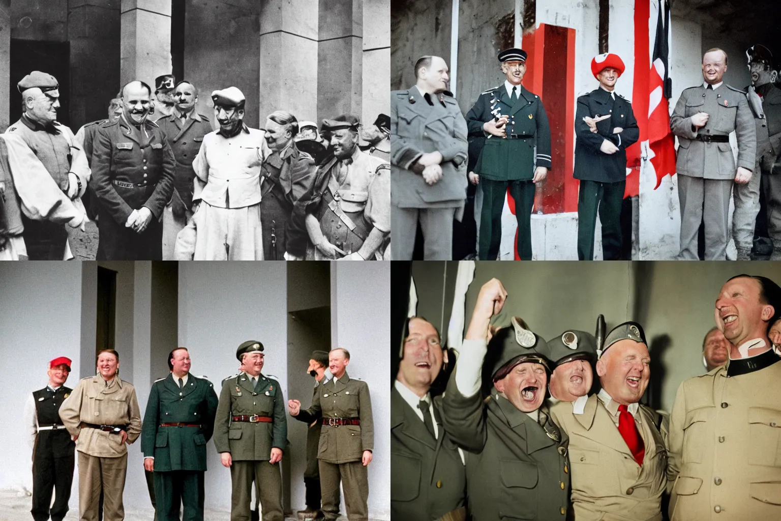Prompt: color portrait photograph close up of Donald Trump wearing Reichsstaffelführer outfit laughing, standing alongside Schutzstaffel holding mp40, inside a building designed by architect Marcello Piacentini, people in peasant clothing kneeling on groud, off-camera flash, canon 24mm f11 aperture, Ektachrome color photograph